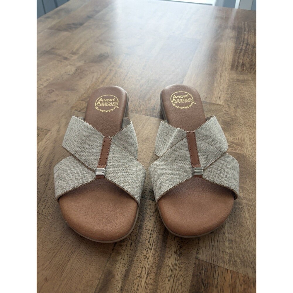 Andre Assous Brown Leather Insole Beige Linen Light Sandals Made in Spain Size 8